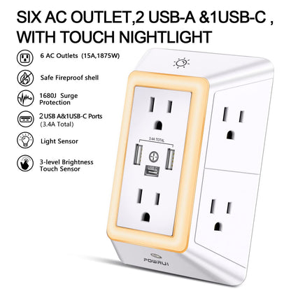 Multi Plug Wall Outlet Night Light, POWRUI 6 Outlet Extender & 3 USB Ports