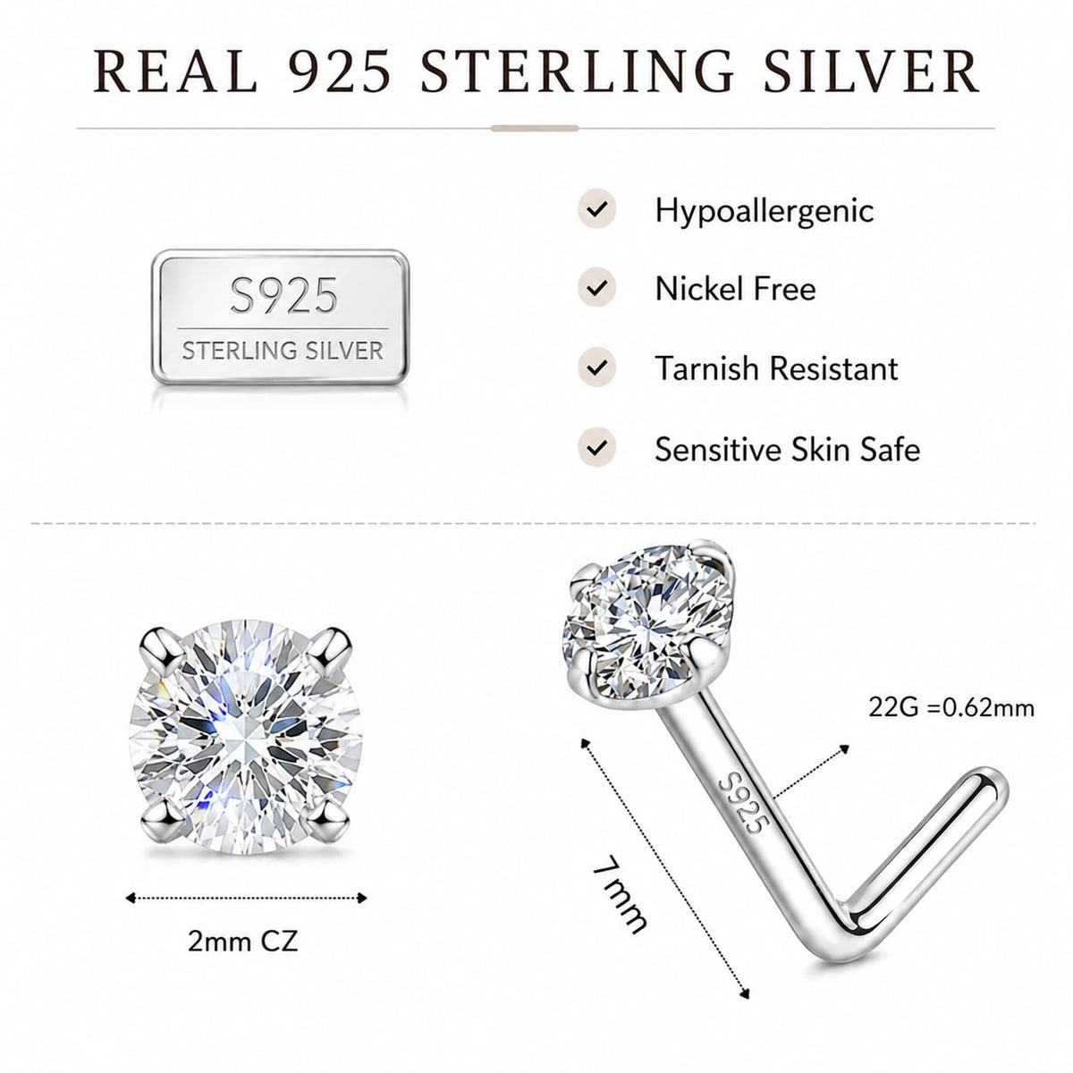 925 Sterling Silver Nose Ring Stud for Women, 18G/20G/22G/24G, L Shaped