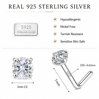 925 Sterling Silver Nose Ring Stud for Women, 18G/20G/22G/24G, L Shaped