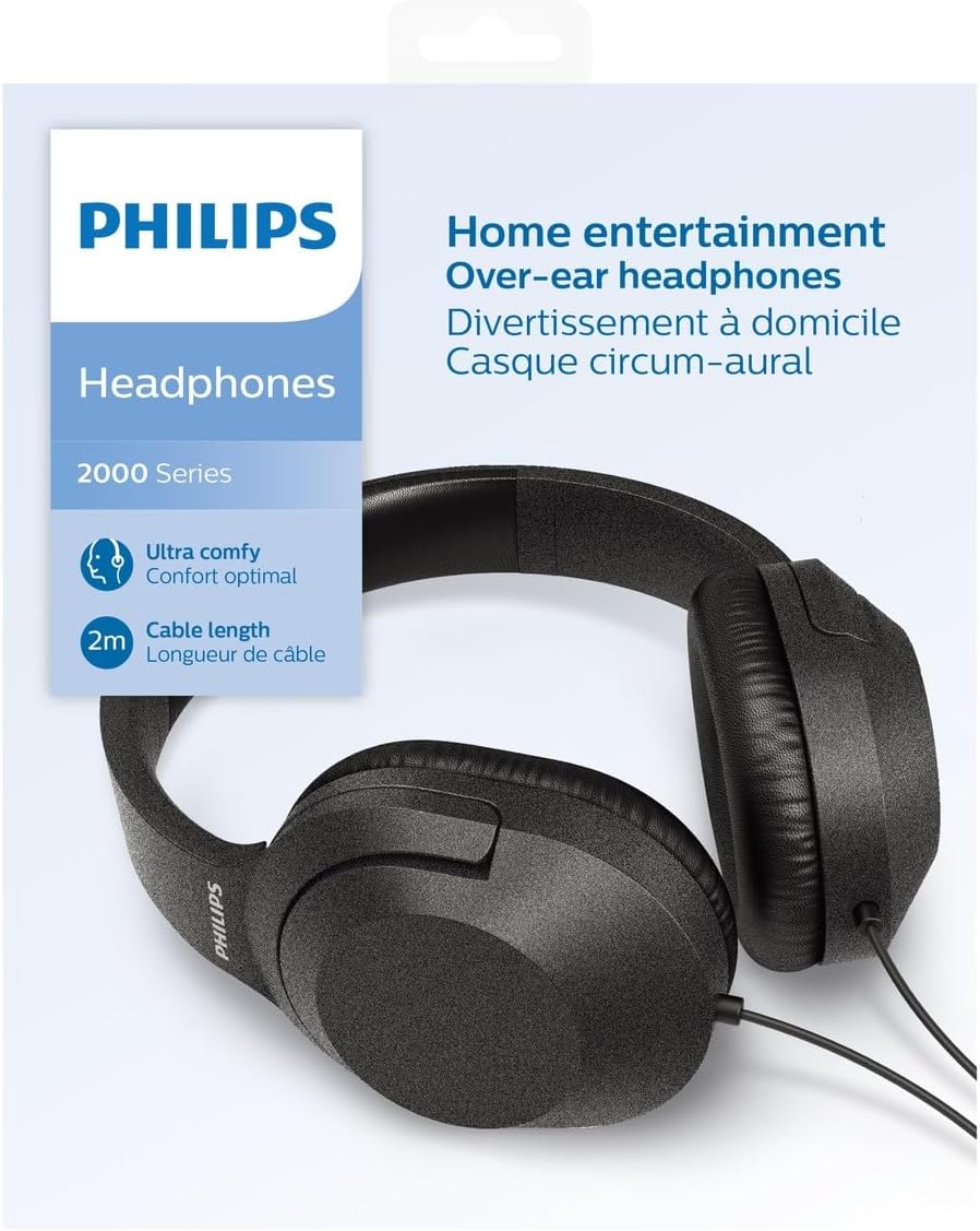 Philips Audio H2005BK/00 Over-Ear Stereo Headphones Wired (2 m Cable, 40 mm Neodymium Drivers, Passive Noise Isolation, Adjustable Headband, Lightweight) Black