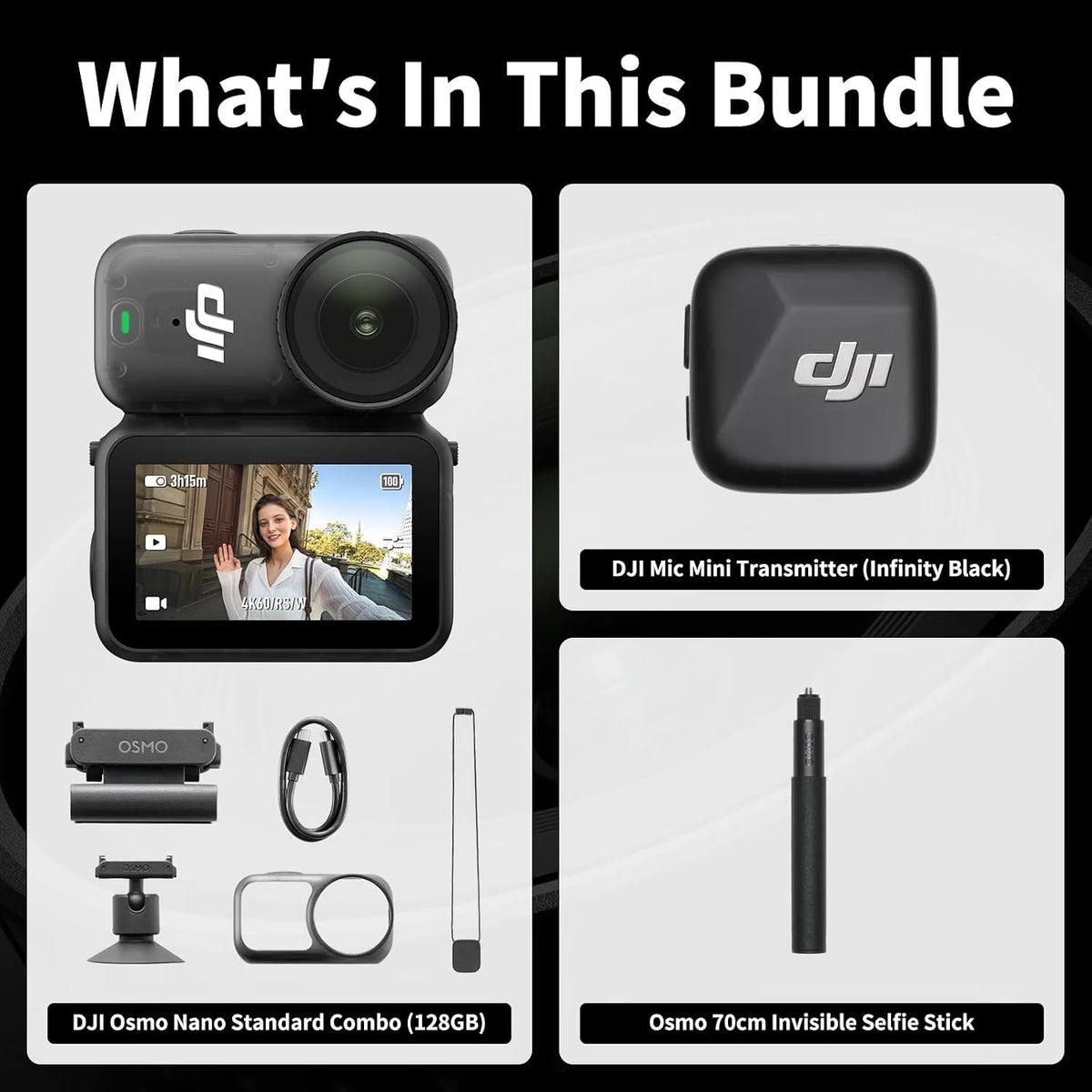 DJI Osmo Nano Standard Combo (128GB), 4K Wearable Camera, 1/1.3″ Sensor