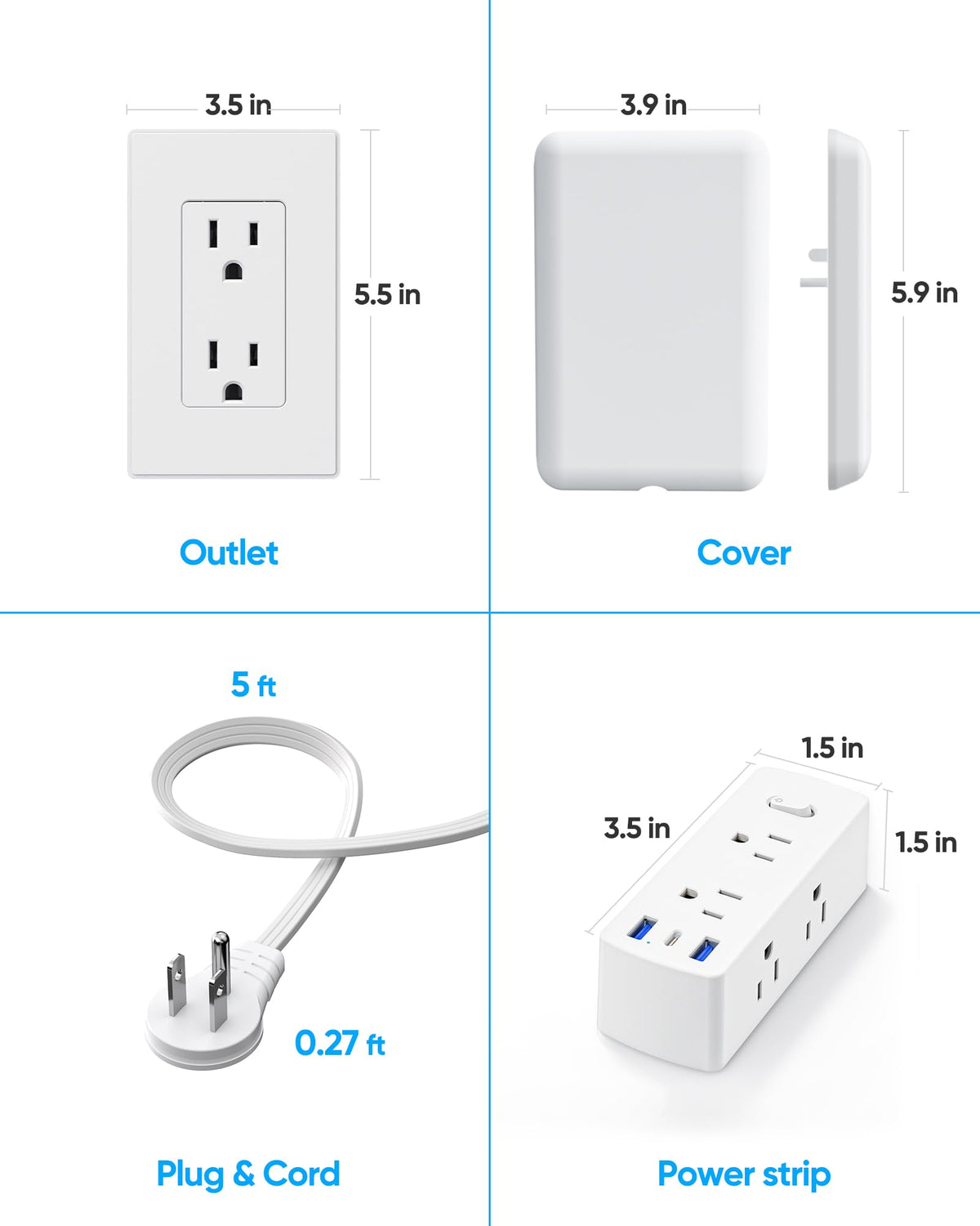 Split Extension Cord with Outlet Cover (10FT, Dual 5FT), Flat Plug Power Strip with 6 Outlets and 3 USB Ports, Outlet Extender for Tight Spaces