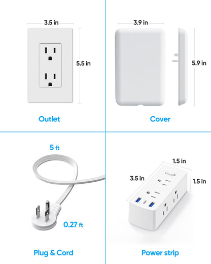 Split Extension Cord with Outlet Cover (10FT, Dual 5FT), Flat Plug Power Strip with 6 Outlets and 3 USB Ports, Outlet Extender for Tight Spaces