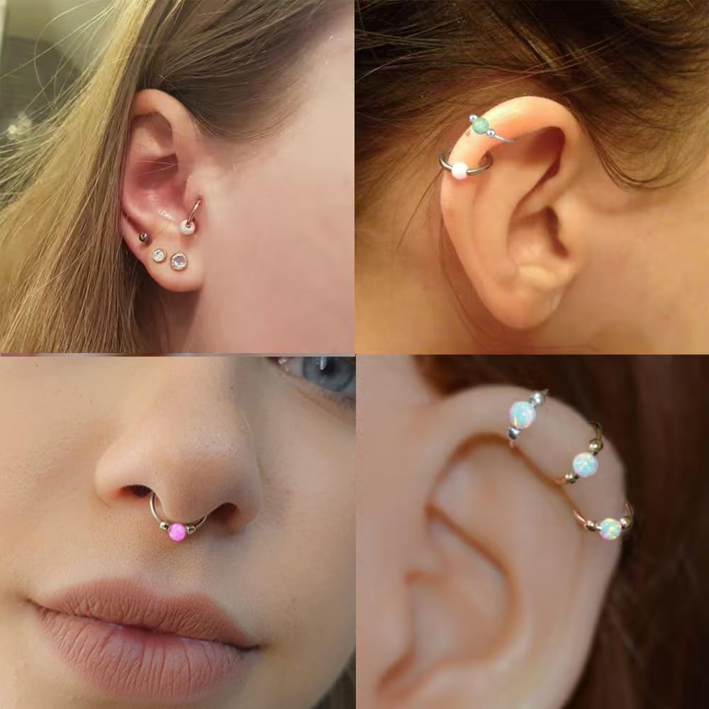 2PCS 18G Opal Cartilage Hoop Earrings, Hypoallergenic Silver Huggie Hoops