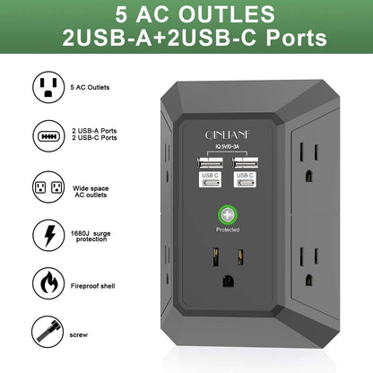 Surge Protector, QINLIANF 5 Outlet Extender with 4 USB Ports(2USB-C)