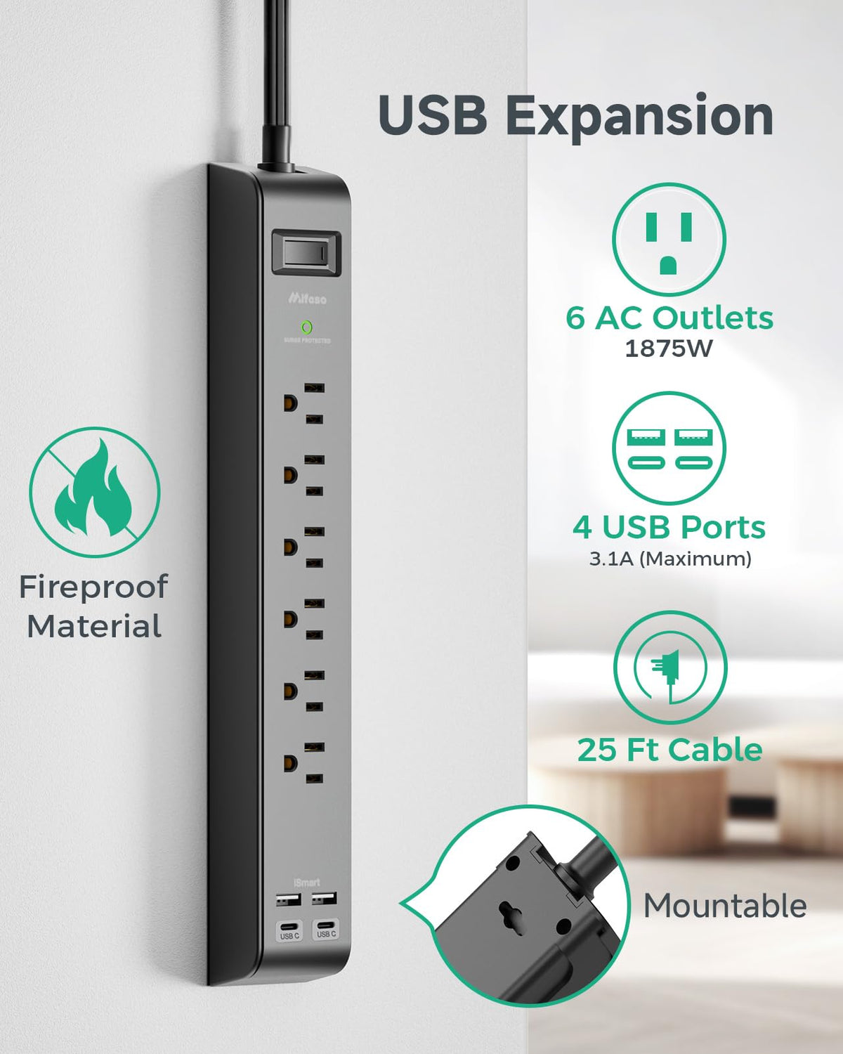2 Pack 20FT Power Strip Surge Protector, Extension Cord Multiple Outlets