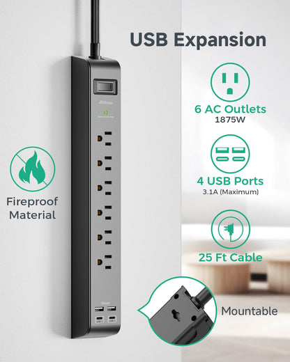 2 Pack 20FT Power Strip Surge Protector, Extension Cord Multiple Outlets