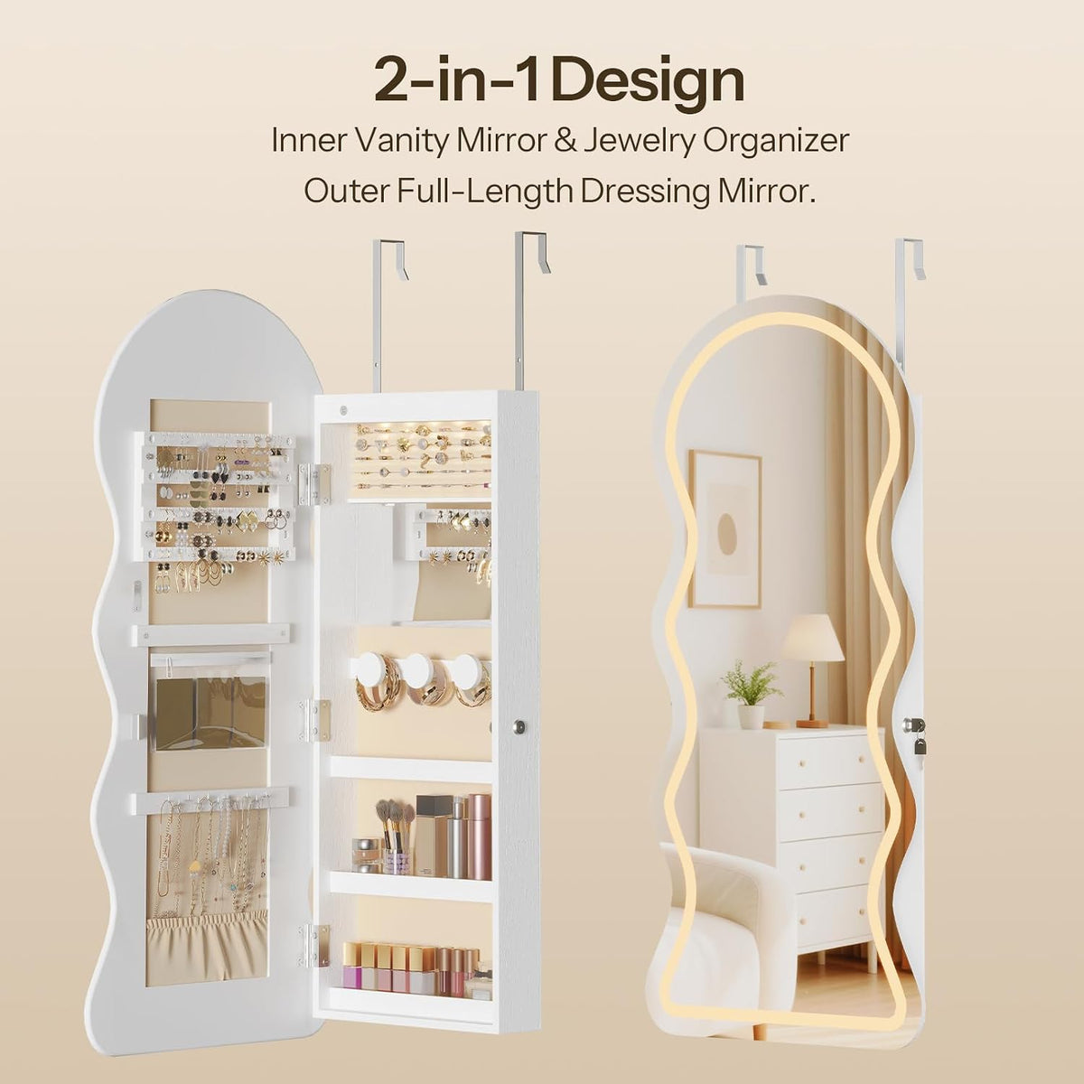 HOOBRO LED Mirror Jewelry Cabinet, Wall/Door Mounted Jewelry Organizer