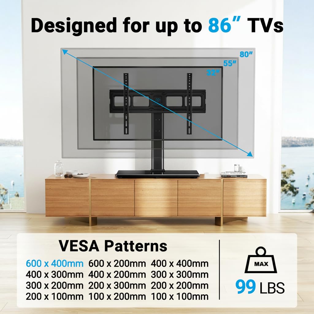PERLESMITH Universal Swivel TV Stand for 32-75 inch TVs to 99lbs with Legs