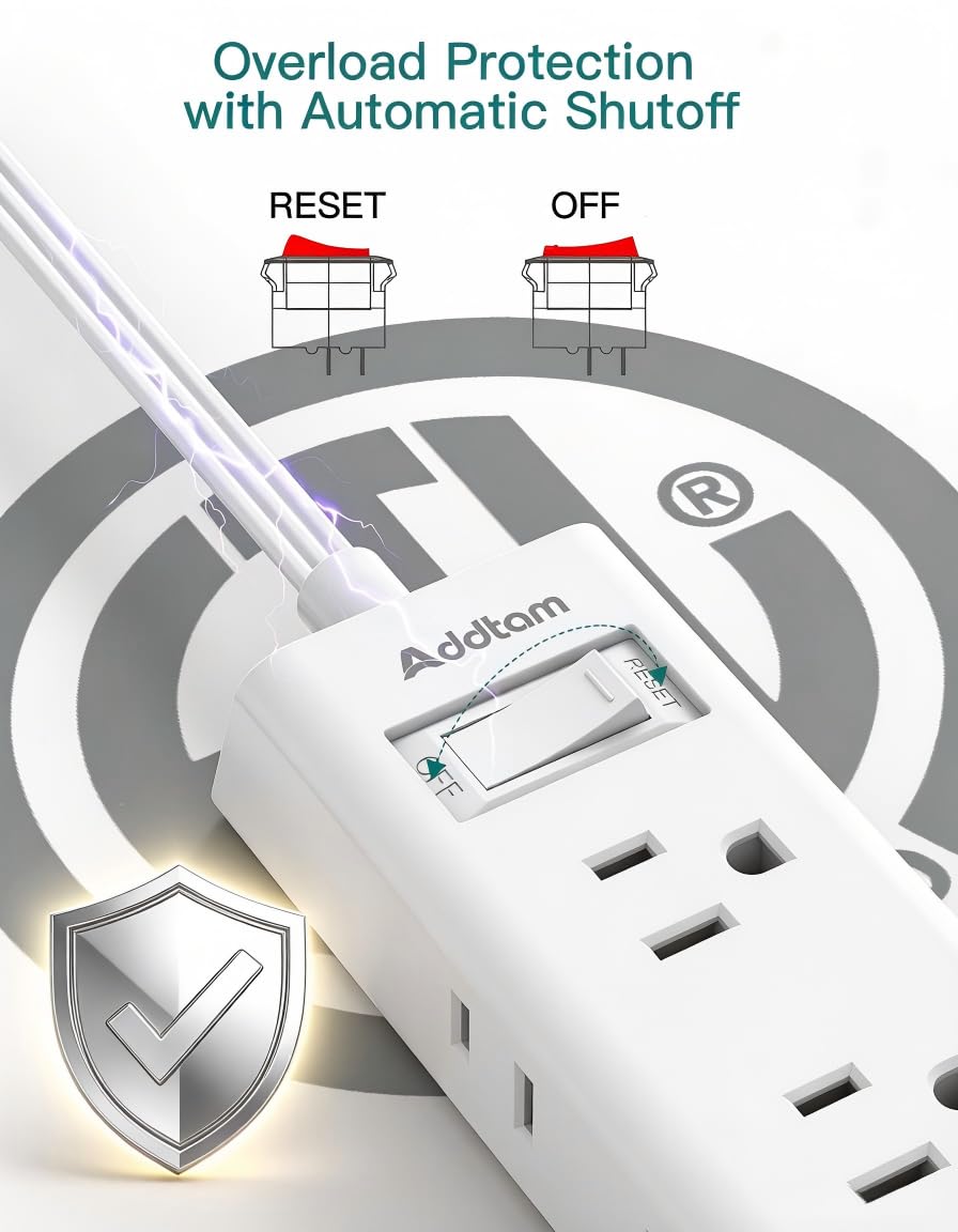 Addtam Flat Plug Extension Cord with 6 Outlet Extender for Cruise Travel