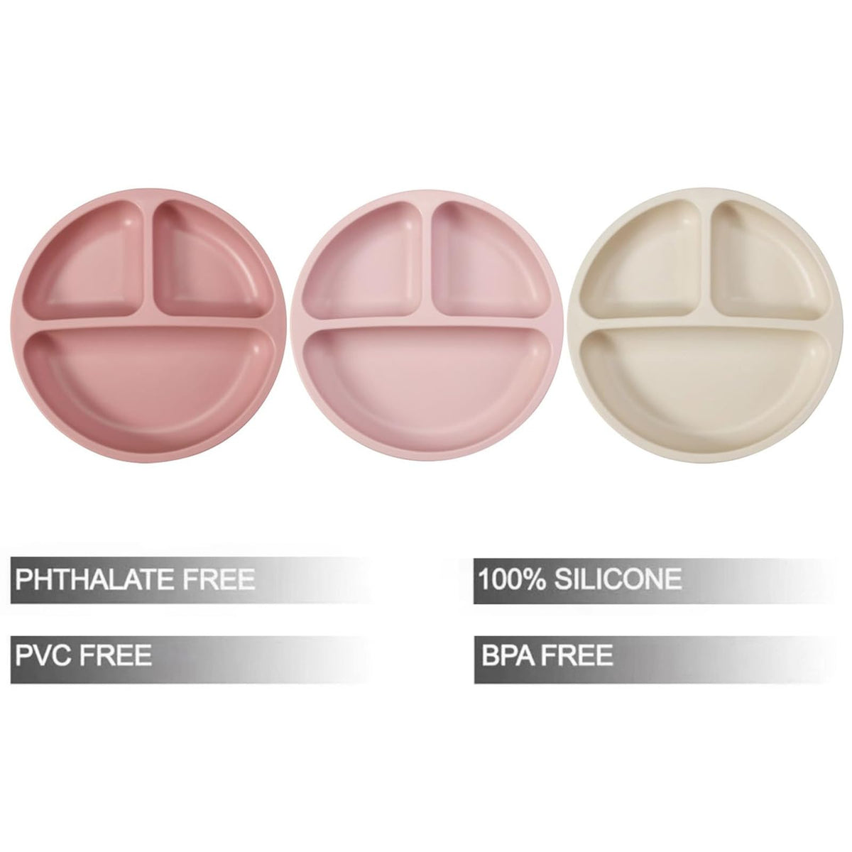 PandaEar 3 Pack Toddler Plates, Silicone Divided Suction Plate for Babies, BPA-Free 100% Food-Grade Silicone Unbreakable Baby Plate (Pink/Purple/Blue, Without Lids)