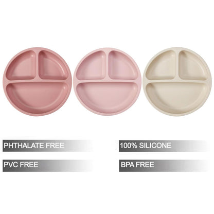PandaEar 3 Pack Toddler Plates, Silicone Divided Suction Plate for Babies, BPA-Free 100% Food-Grade Silicone Unbreakable Baby Plate (Pink/Purple/Blue, Without Lids)