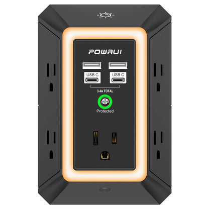 Multi Plug Wall Outlet Night Light, POWRUI 6 Outlet Extender & 3 USB Ports