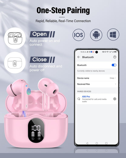 Wireless Earbuds, Bluetooth 5.4 Headphones Bass Stereo/Clear Call,Rose Gold