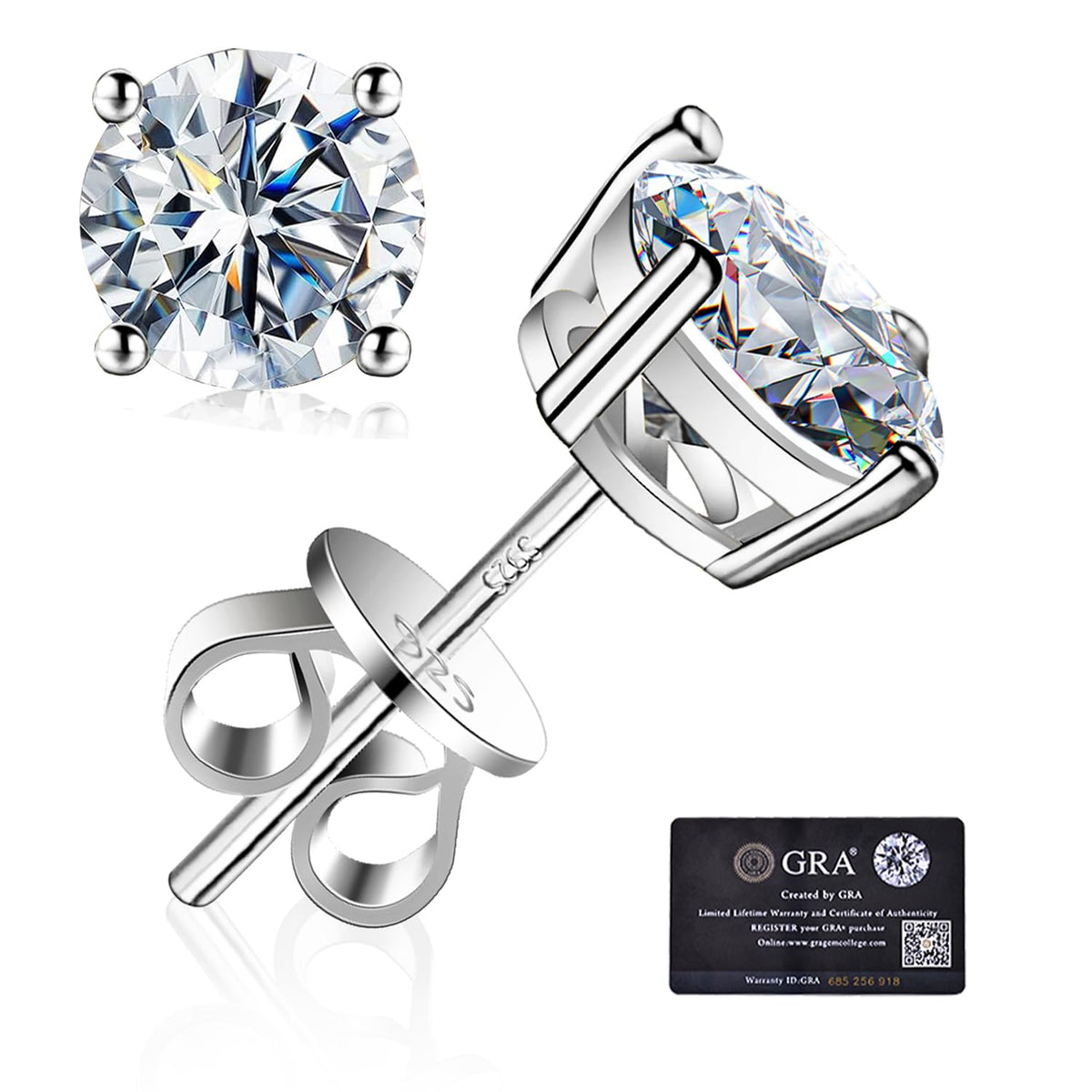 Moissanite Stud Earrings GRA 925 Sterling Silver Earrings for Men
