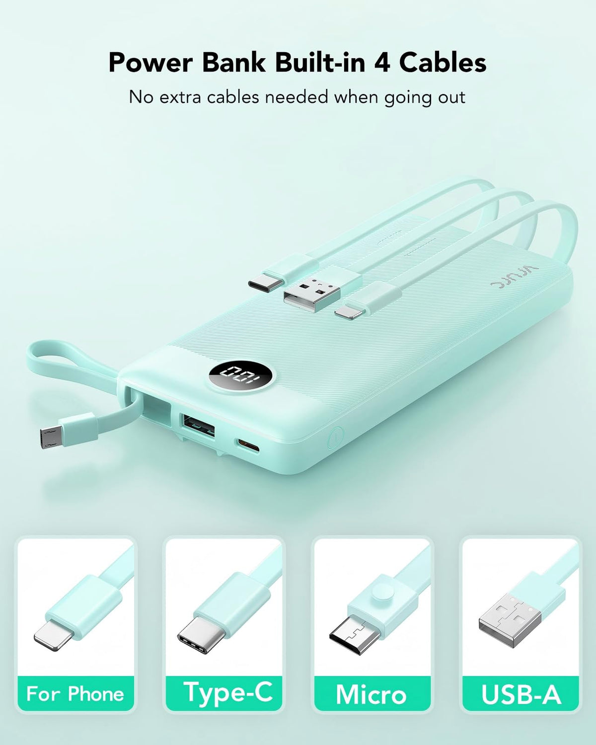 VRURC Portable Charger, Built in 4 Cables & Lanyard Power Bank 10000mAh