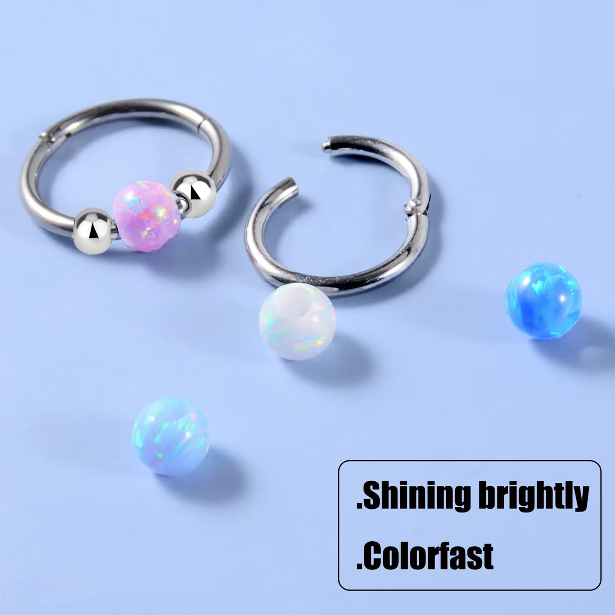 2PCS 18G Opal Cartilage Hoop Earrings, Hypoallergenic Silver Huggie Hoops