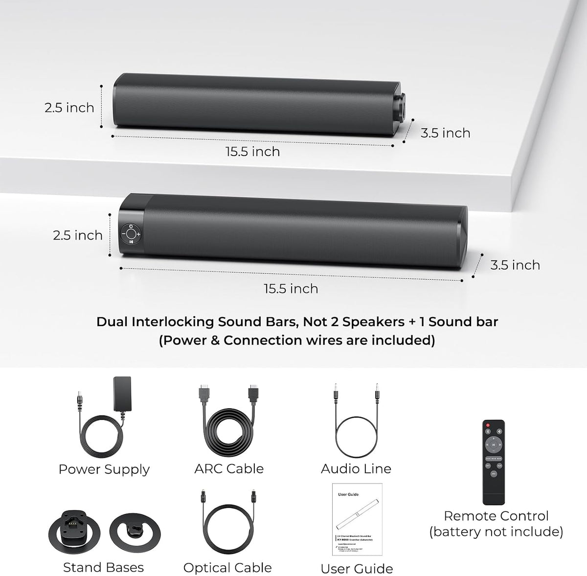Sound Bar for Smart TV, Soundbar with Bluetooth/ARC/Opt/AUX Connect, Auto Volume Boost, 3 Equalizer Modes, 2 in 1 Detachable Soundbar for TV/PC/Gaming/Projectors