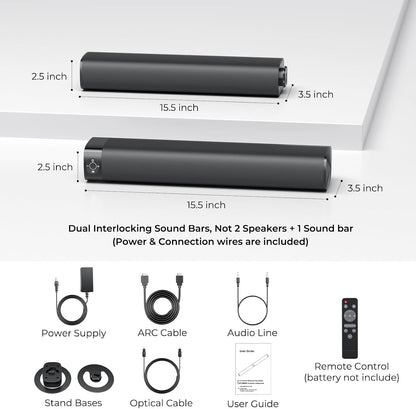 Sound Bar for Smart TV, Soundbar with Bluetooth/ARC/Opt/AUX Connect, Auto Volume Boost, 3 Equalizer Modes, 2 in 1 Detachable Soundbar for TV/PC/Gaming/Projectors
