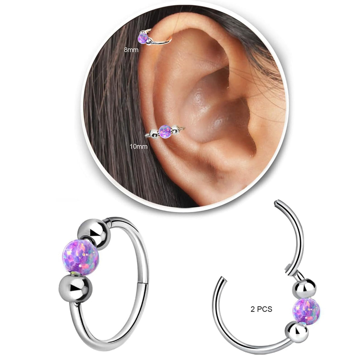 2PCS 18G Opal Cartilage Hoop Earrings, Hypoallergenic Silver Huggie Hoops