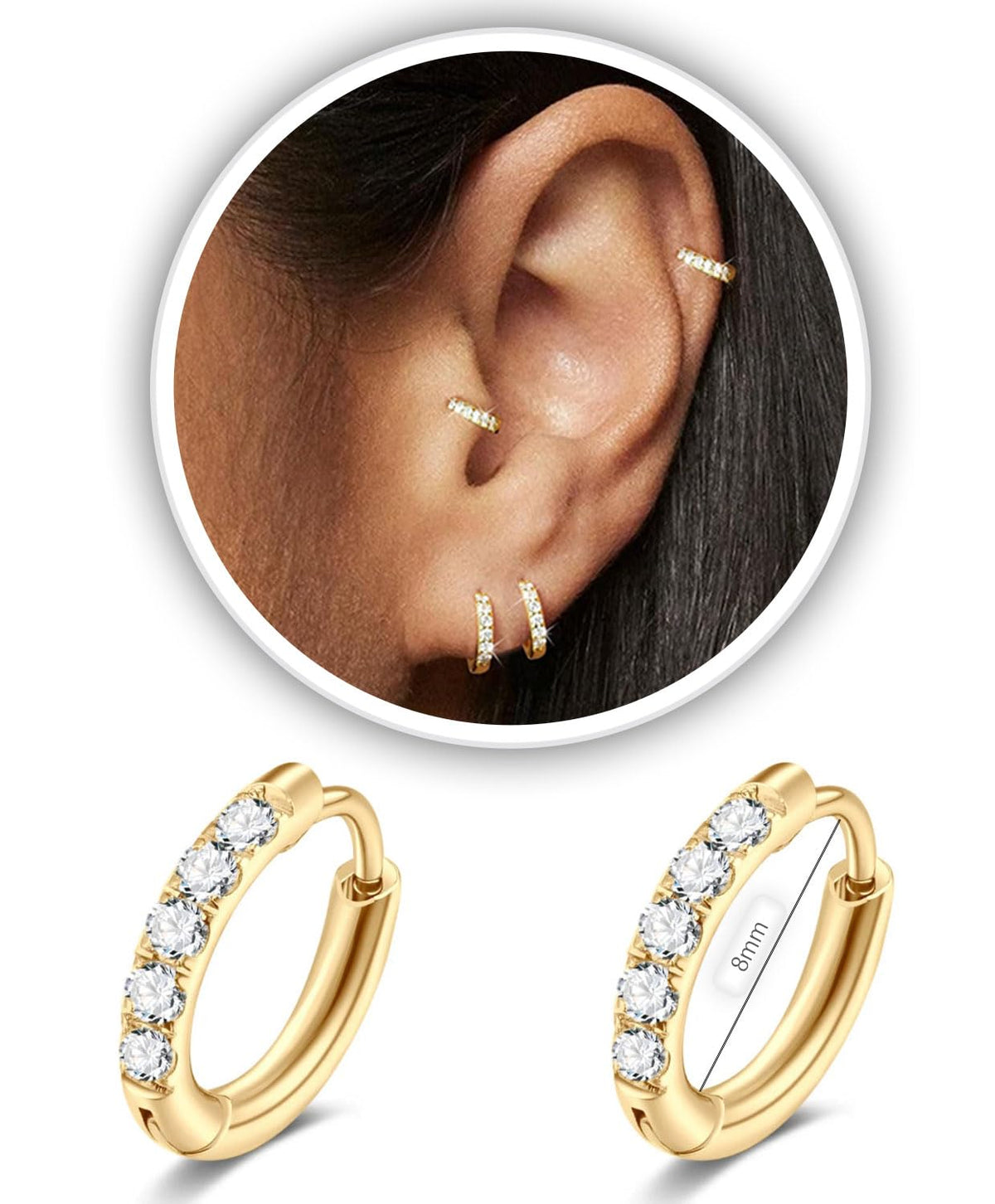 CZ Huggie Hoop Earrings, Stainless Steel Small Hoop Earrings