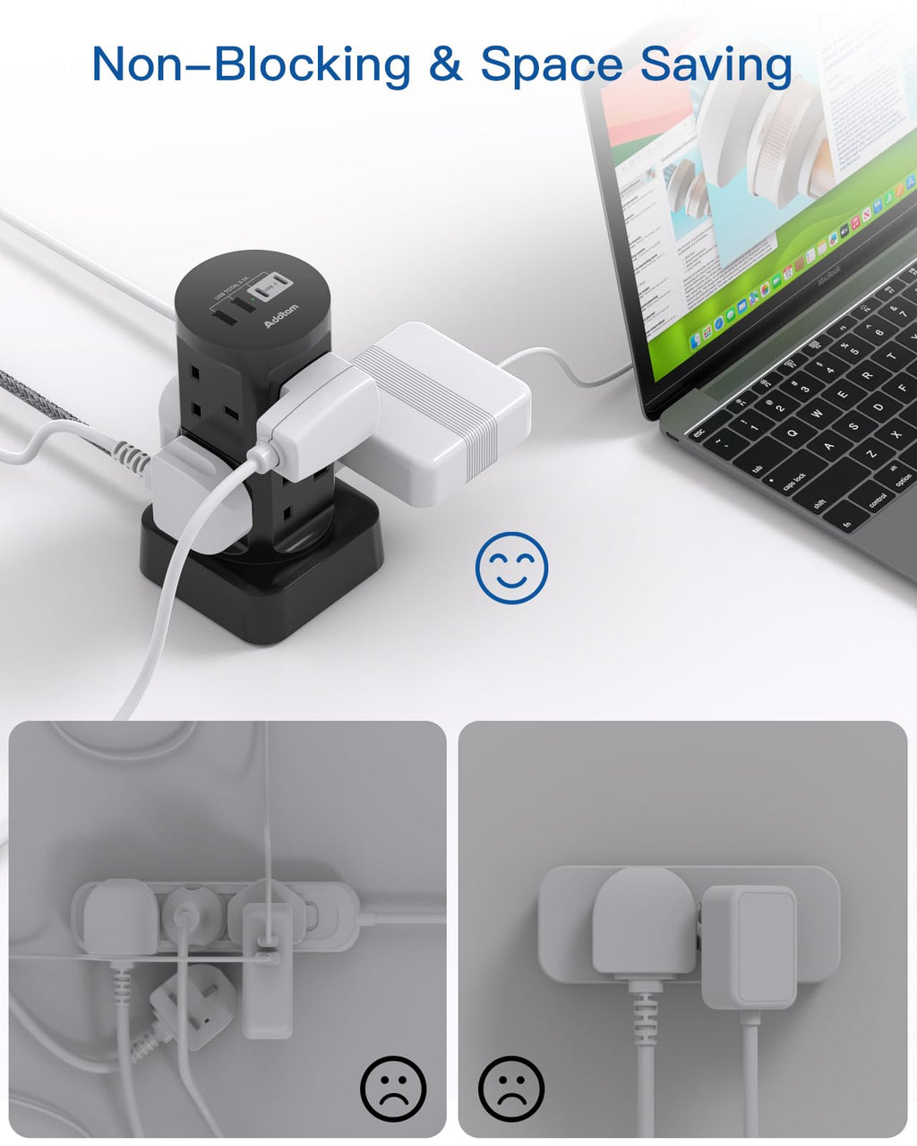 Tower Extension Lead with USB Slots, 8 Way Multi Plug Extension Tower &4USB