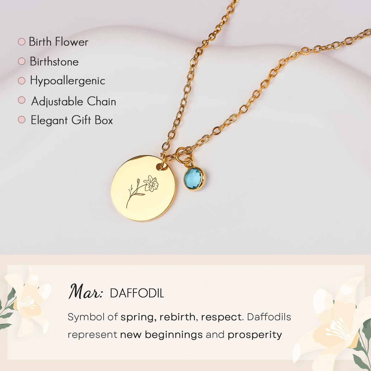 Birth Flower Necklaces for Women, 18K Gold Plated Birthstone Necklaces