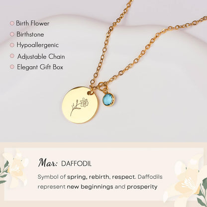 Birth Flower Necklaces for Women, 18K Gold Plated Birthstone Necklaces