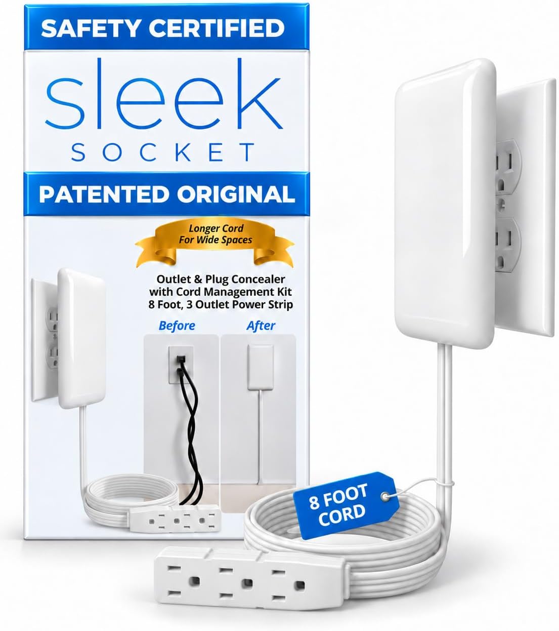 Sleek Socket Original & Patented Ultra-Thin Outlet Concealer with Cord Concealer Kit, Flat Extension Cord with Multi Outlets Power Strip, Ideal for Home Improvement, Hide Bulky and Messy Cords