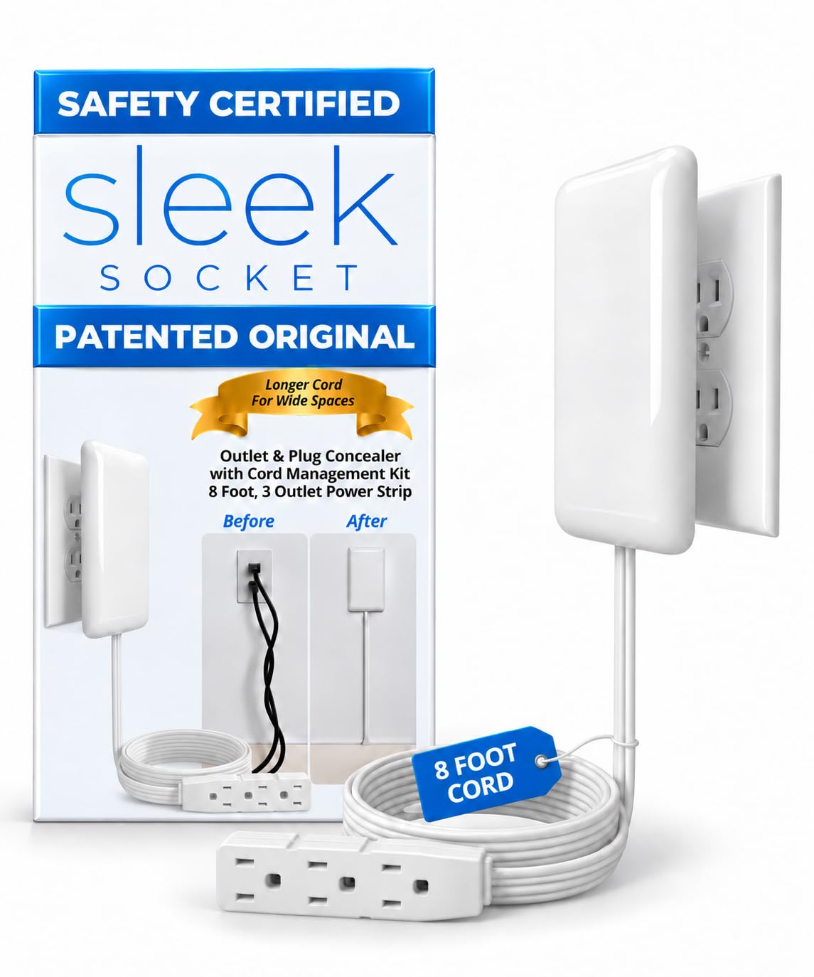 Sleek Socket Original & Patented Ultra-Thin Outlet Concealer with Cord Concealer Kit, Flat Extension Cord with Multi Outlets Power Strip, Ideal for Home Improvement, Hide Bulky and Messy Cords
