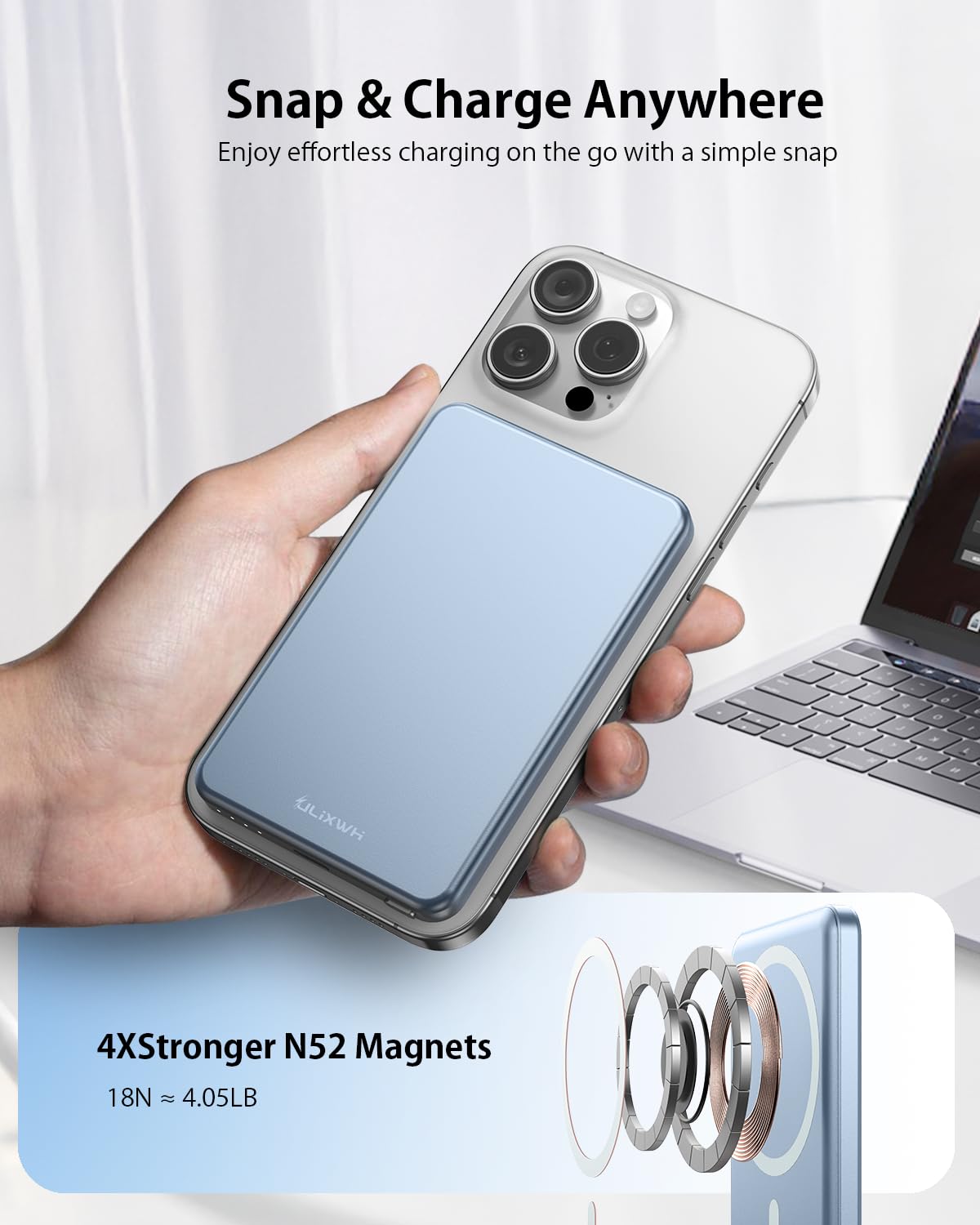 [0.3" Ultra Slim] [Alloy-Made] ULiXWH for Magsafe Portable Charger iPhone
