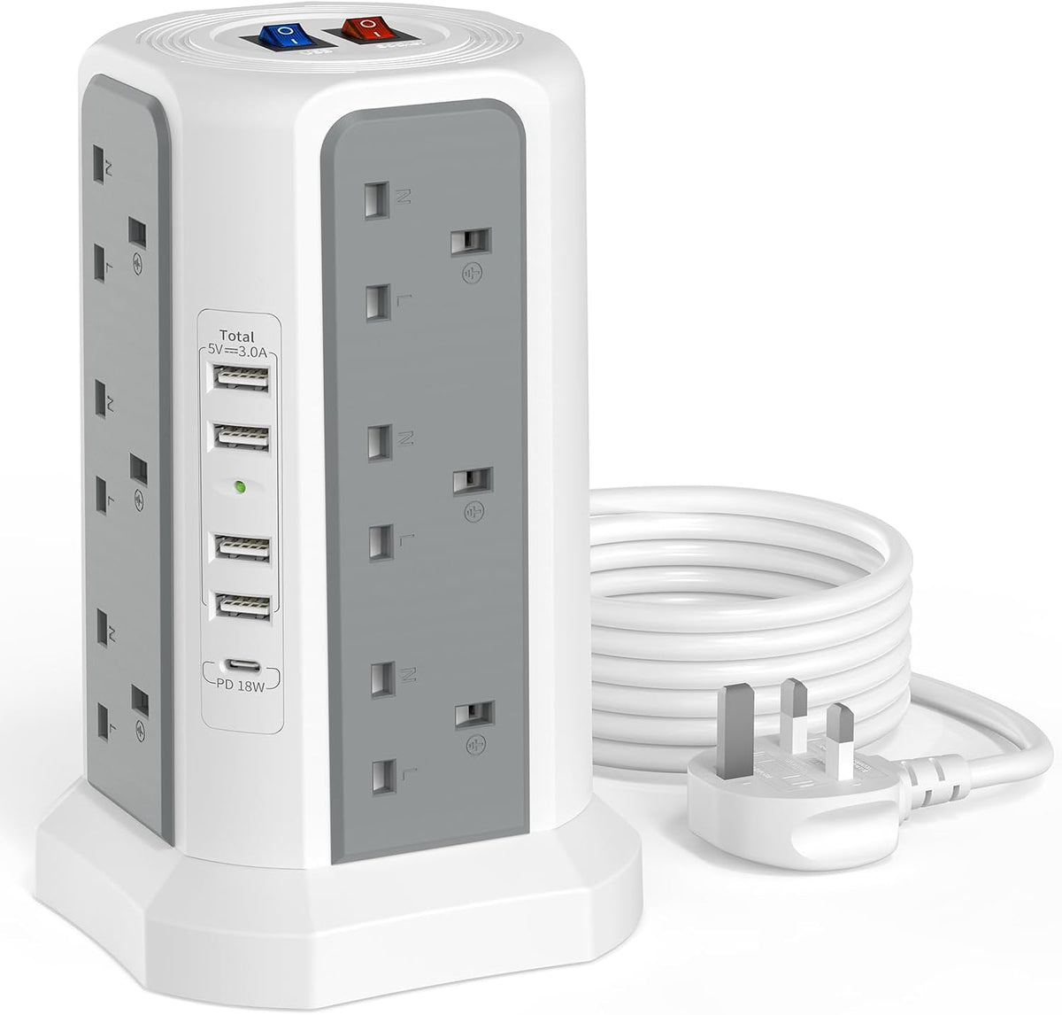 HAFINO Tower Extension Lead with USB Slots, PD18W USB C Fast Charger, 1.8M