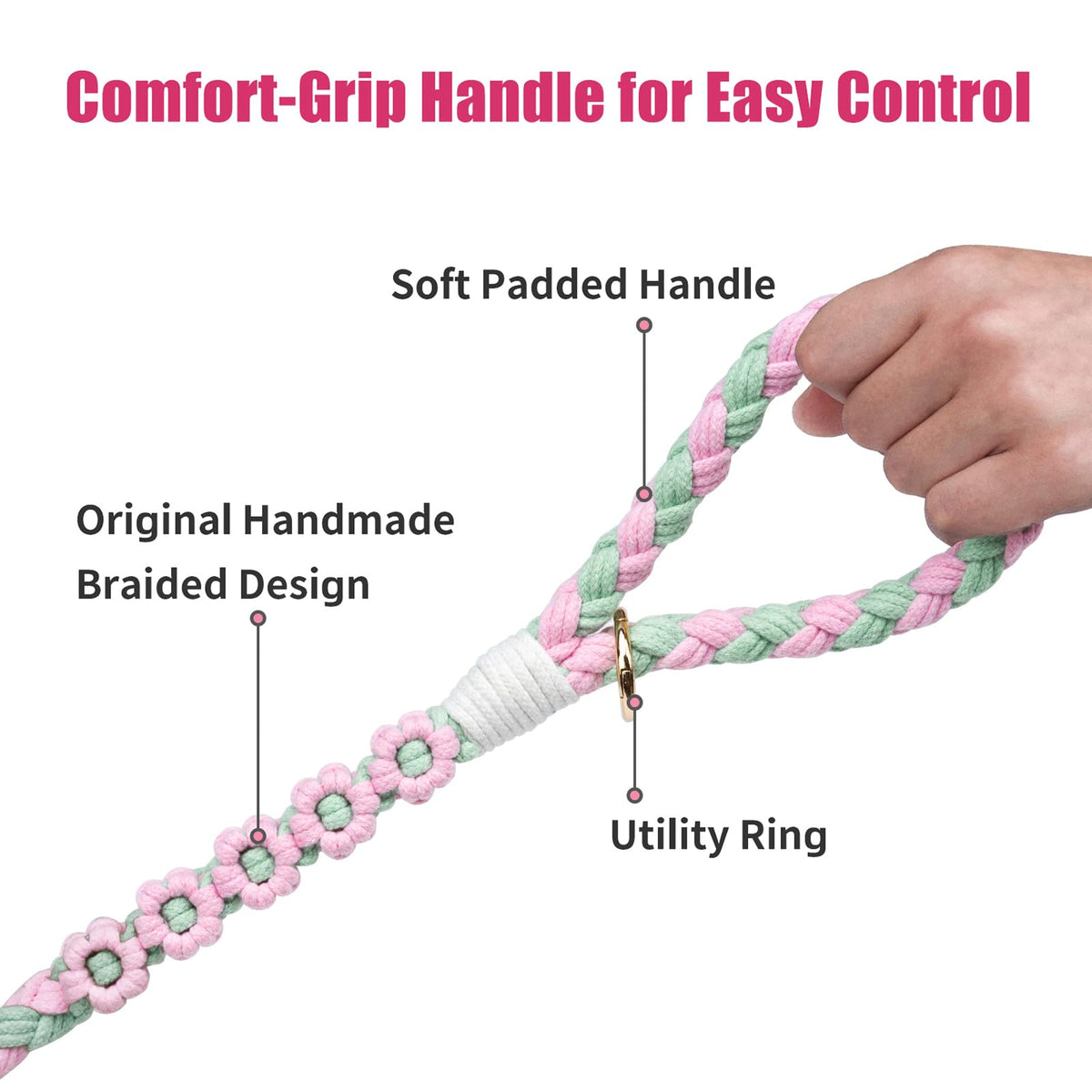 5FT Braided Cotton Rope Leash for Small, Medium and Large Dogs, Red & White Twist