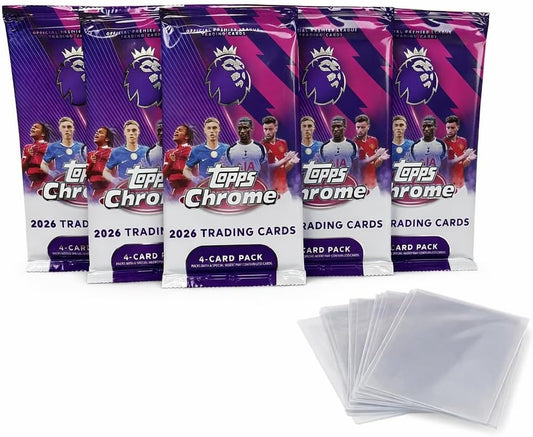 2026 Topps Chrome Premier League Soccer Cards – 5 Factory Sealed Packs (20 Cards Total) + 10 Penny Sleeves | EPL Trading Card Bundle for Collectors & Gifts