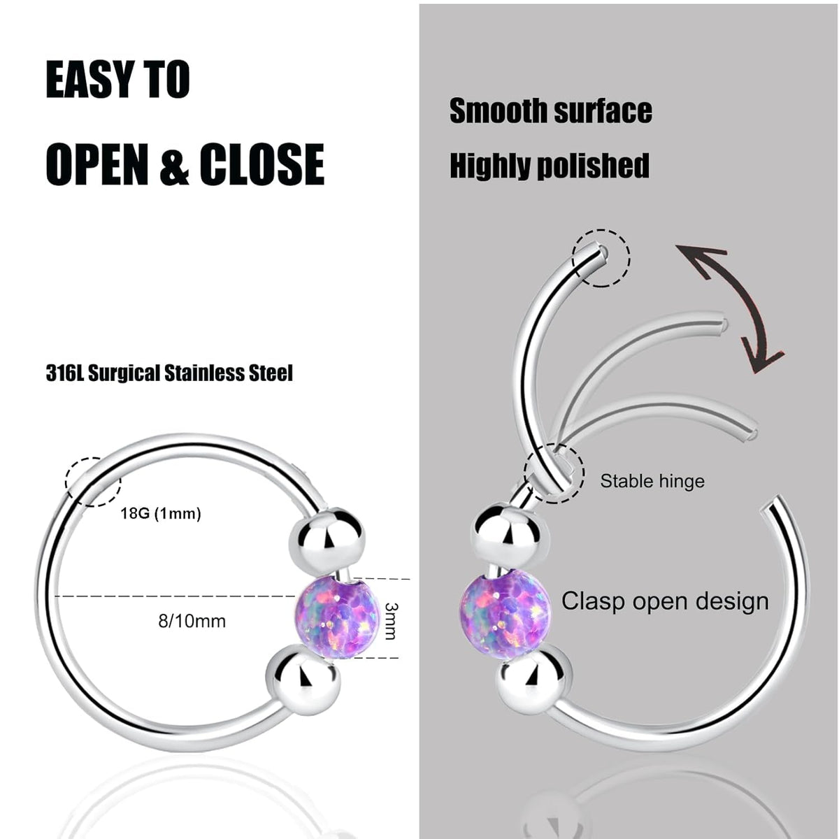2PCS 18G Opal Cartilage Hoop Earrings, Hypoallergenic Silver Huggie Hoops