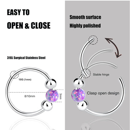 2PCS 18G Opal Cartilage Hoop Earrings, Hypoallergenic Silver Huggie Hoops