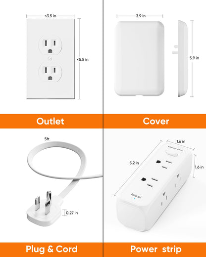 Split Extension Cord with Outlet Cover (10FT, Dual 5FT), Flat Plug Power Strip with 6 Outlets and 3 USB Ports, Outlet Extender for Tight Spaces