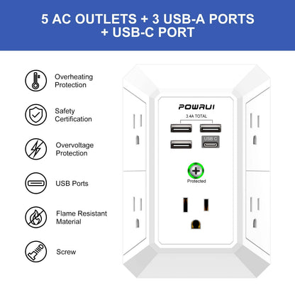Multi Plug Wall Outlet Night Light, POWRUI 6 Outlet Extender & 3 USB Ports