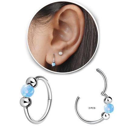 2PCS 18G Opal Cartilage Hoop Earrings, Hypoallergenic Silver Huggie Hoops