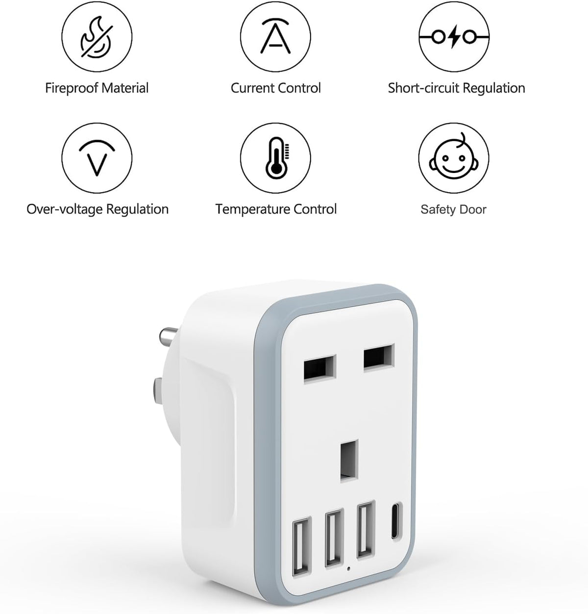 Loydia UK to US Plug Adaptor, 5 in 1 USA Plug Travel Adapter with 3 USB & 1 USB C Ports, American travel plug adapter from UK to USA, US, Canada, Thailand, Mexico, Colombia (Type B)