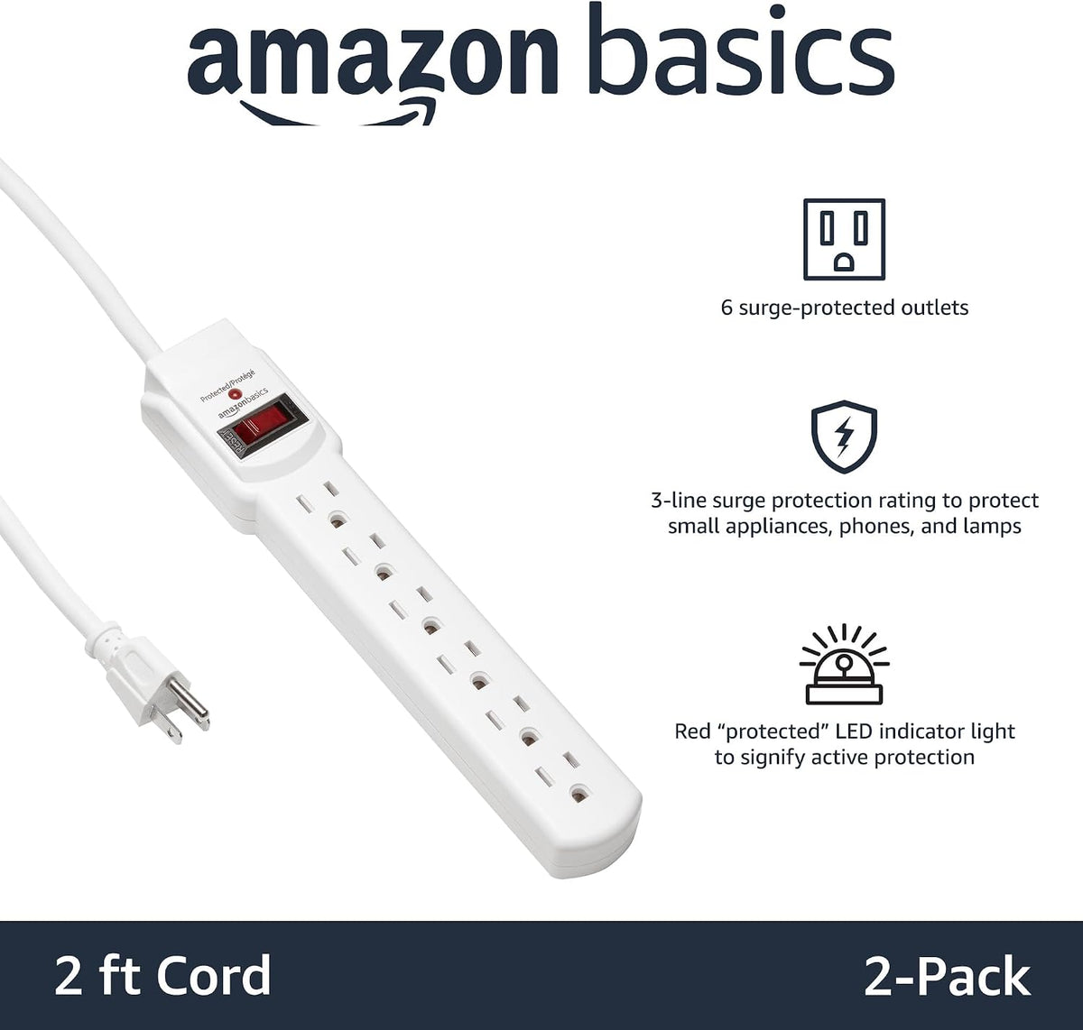 Amazon Basics Surge Protector Power Strip, 6-Outlet with 200J Protection, Circuit Breaker, LED Indicator, On/Off Switch, Wall-Mounting, 2ft Extension Cord, White, 2-Pack