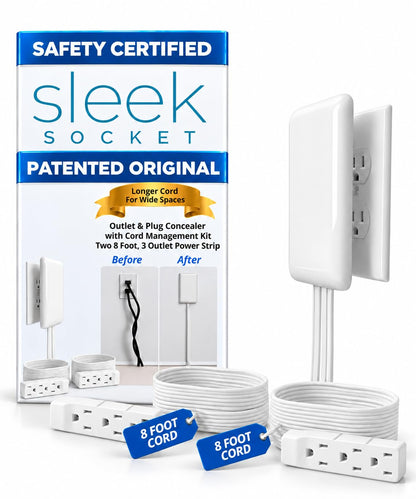 Sleek Socket Original & Patented Ultra-Thin Outlet Concealer with Cord Concealer Kit, Flat Extension Cord with Multi Outlets Power Strip, Ideal for Home Improvement, Hide Bulky and Messy Cords
