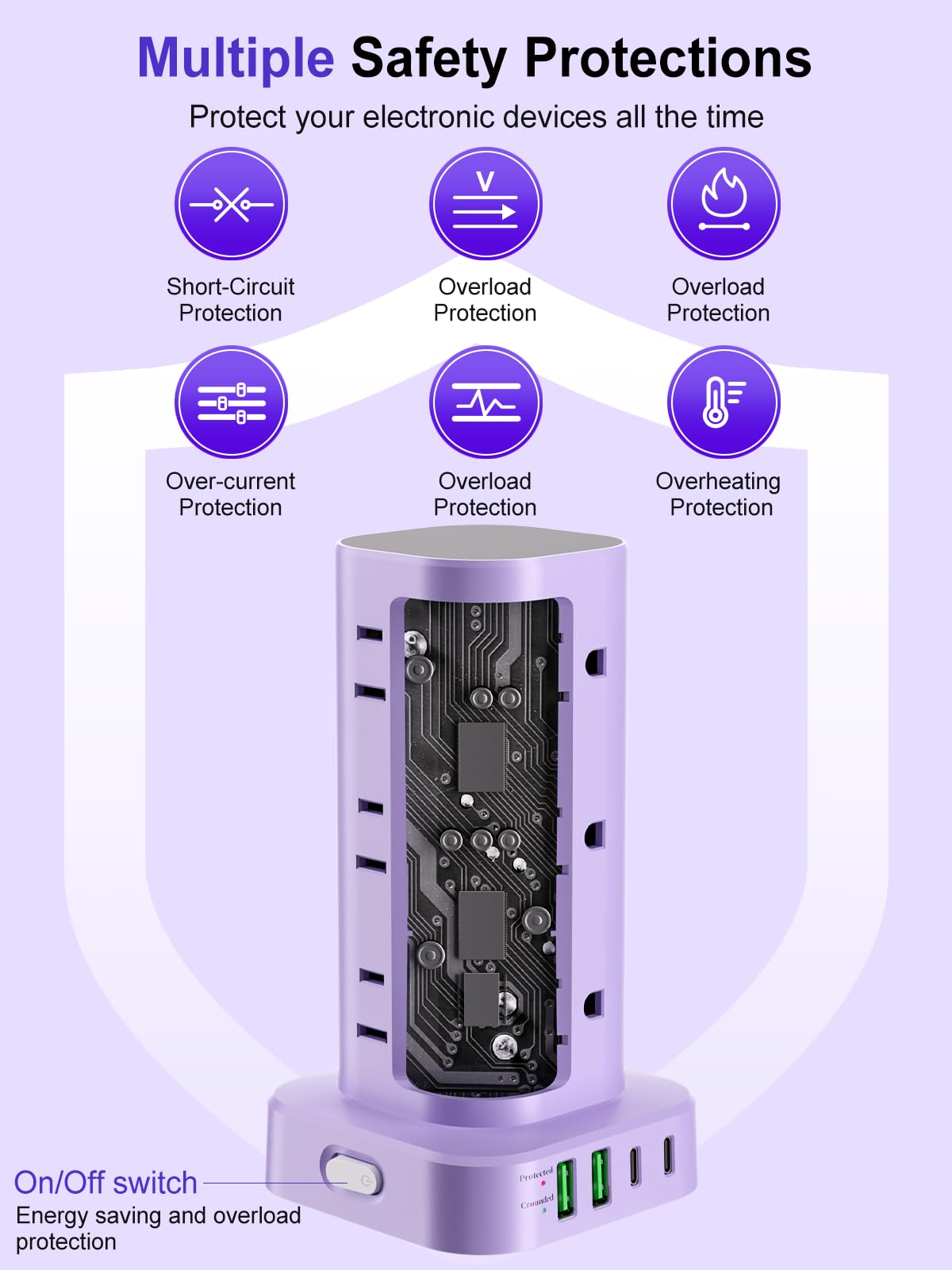 6FT Power Strip Tower Surge Protector, 12 Wide Spaced Outlets, 4 USB
