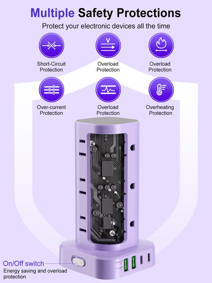 6FT Power Strip Tower Surge Protector, 12 Wide Spaced Outlets, 4 USB