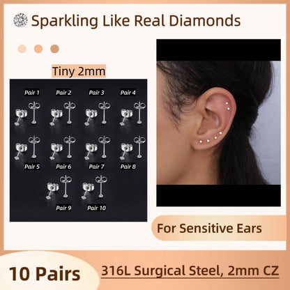 10 Pairs Small Stud Earrings for Women Hypoallergenic Multiple Piercings