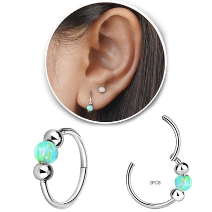 2PCS 18G Opal Cartilage Hoop Earrings, Hypoallergenic Silver Huggie Hoops