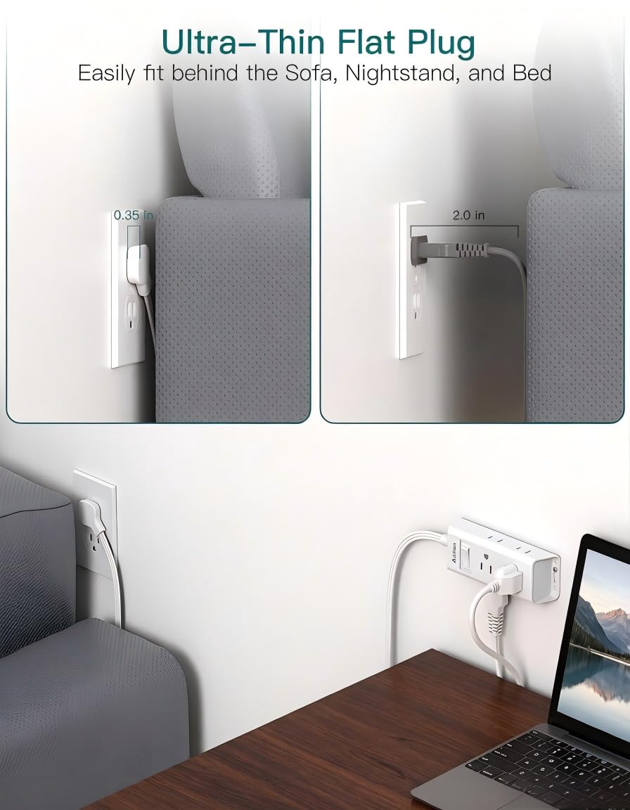 Addtam Flat Plug Extension Cord with 6 Outlet Extender for Cruise Travel