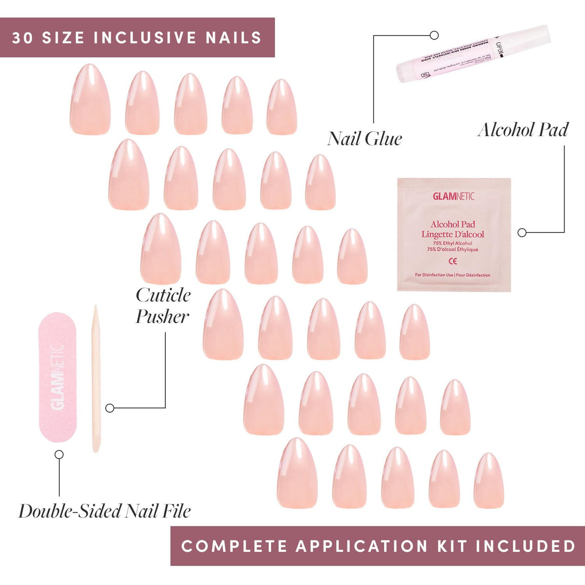 Glamnetic Press On Nails, Short Almond Glossy, Fake Nails 24pc Nail Kit