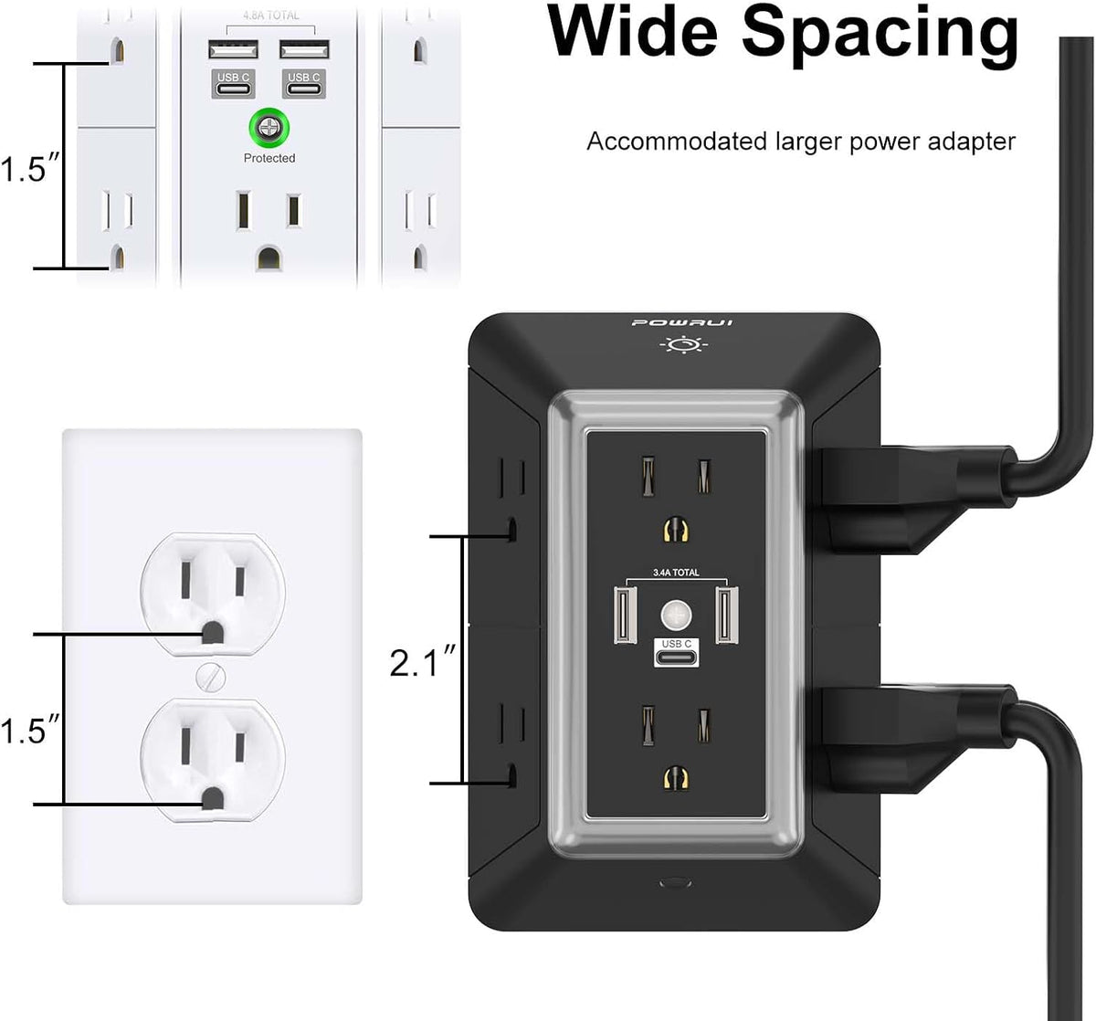 Multi Plug Wall Outlet Night Light, POWRUI 6 Outlet Extender & 3 USB Ports