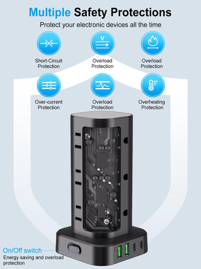 6FT Power Strip Tower Surge Protector, 12 Wide Spaced Outlets, 4 USB